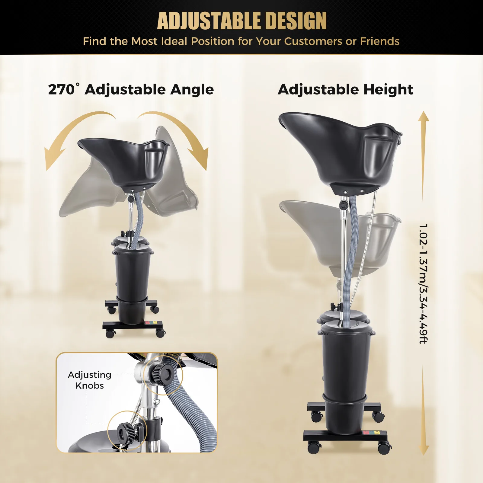 Portable Shampoo Basin with 2 Water Buckets, Portable Plastic Shampoo Unit with Drain Hoses and Electric Pump, Height and Angle