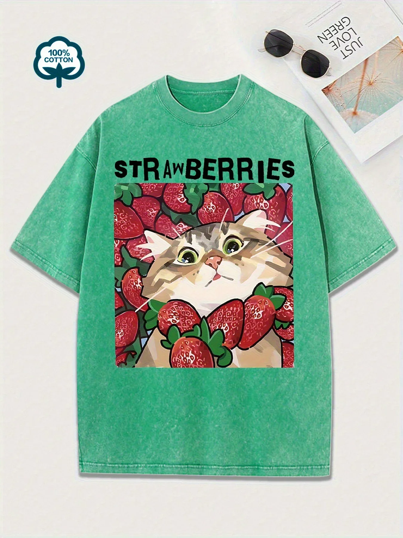 Cute Cat Strawberry Print Vintage Washed Gray Casual 100% Cotton T Shirt