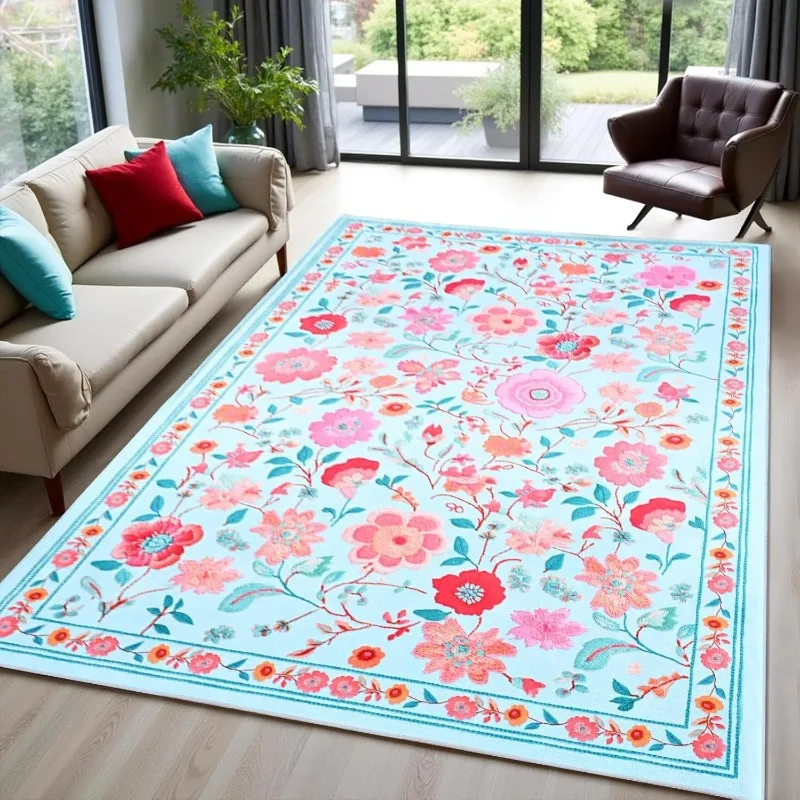

Fashion Floral Large Carpet for Living Room Machine Washable Rugs Home Non Slip Low Pile Nursery Bedside Decor Floor Mat Tapis
