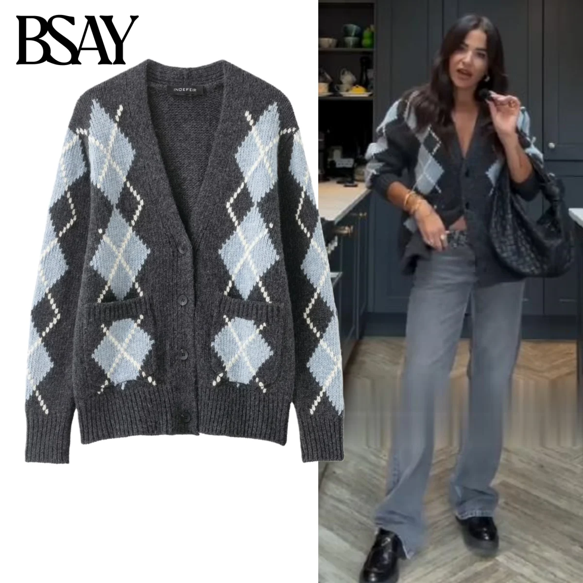 

BSAY Retro Diamond Pattern Knitted Cardigan Sweater Coat for Women Fashion Autumn Long Sleeves Single Breasted V-neck Top Jacket