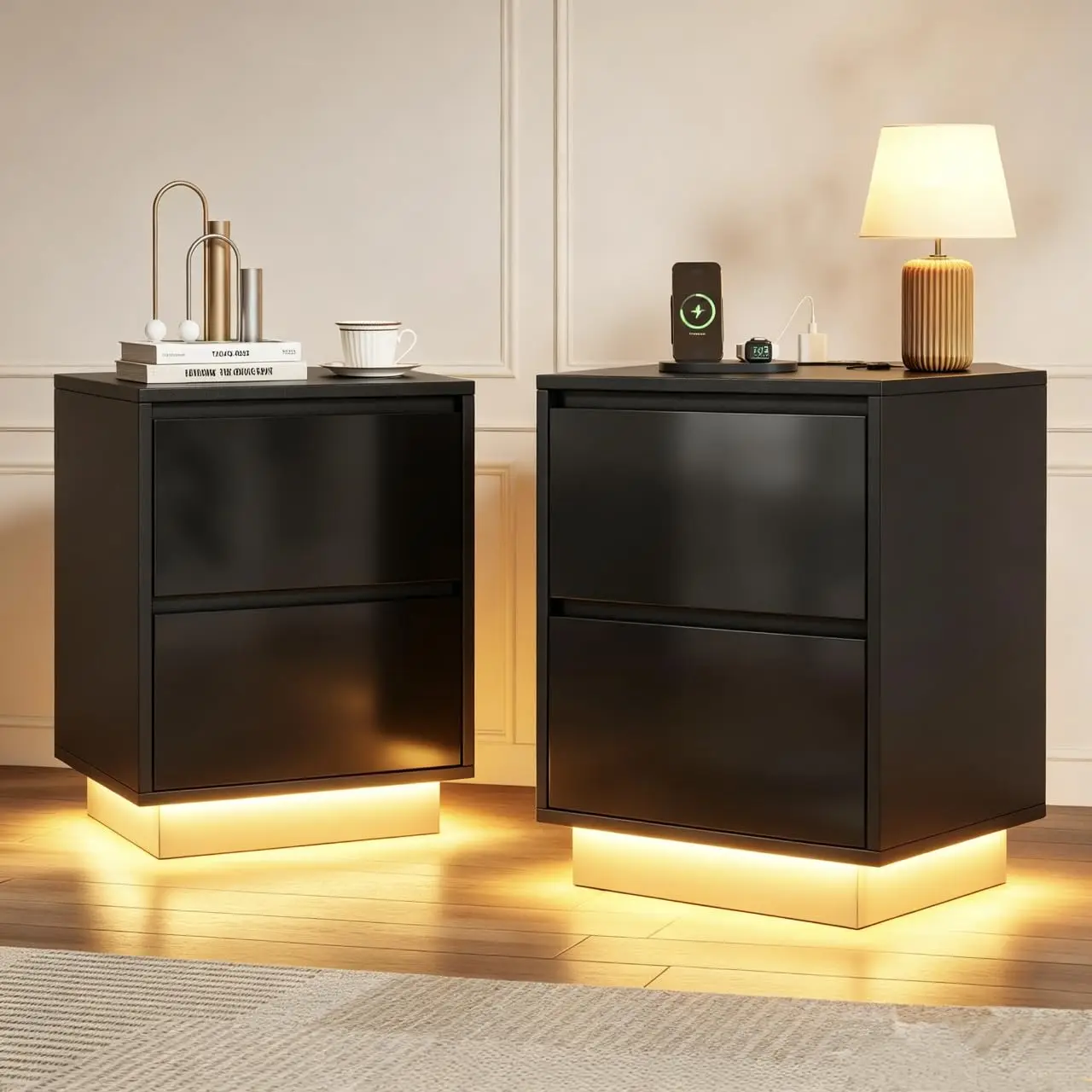 Nightstand Set of 2 LED Light 2 Drawers Modern End Table USB Port Outlet Bedside Table Bedroom Living Room Black Customized