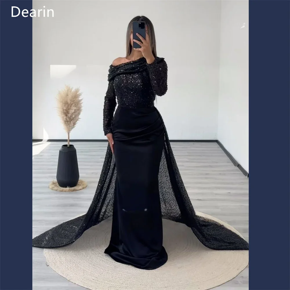 

Customized Evening Dress Dearin Off-the-shoulder Column Floor Length Skirts Sequin Tulle Bespoke Occasion Dresses Prom Saudi Ara