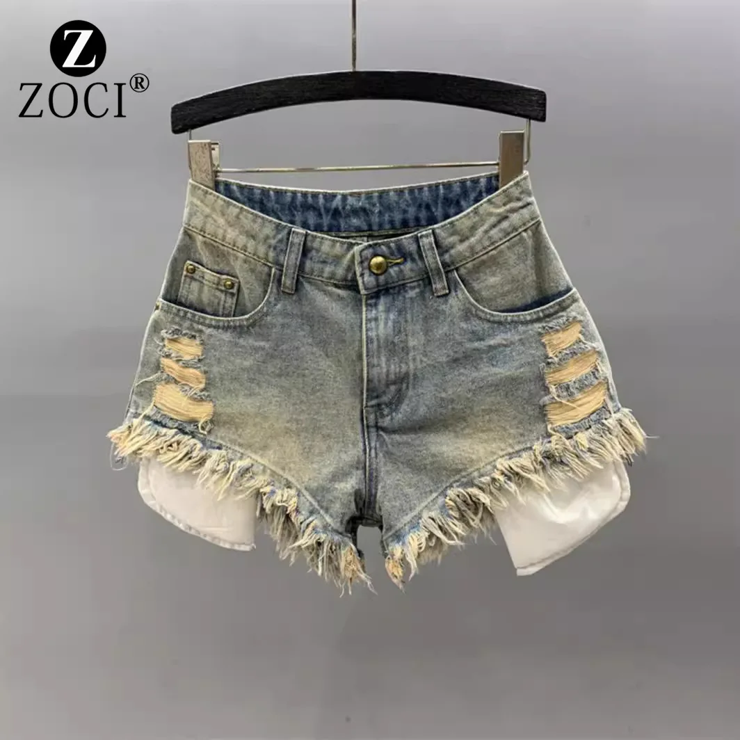 [zoci] Girl Breakthrough Denim Shorts 2024 Summer High Waist Sexy Tassel Fur Edge A-line Wide Leg Hot Pants