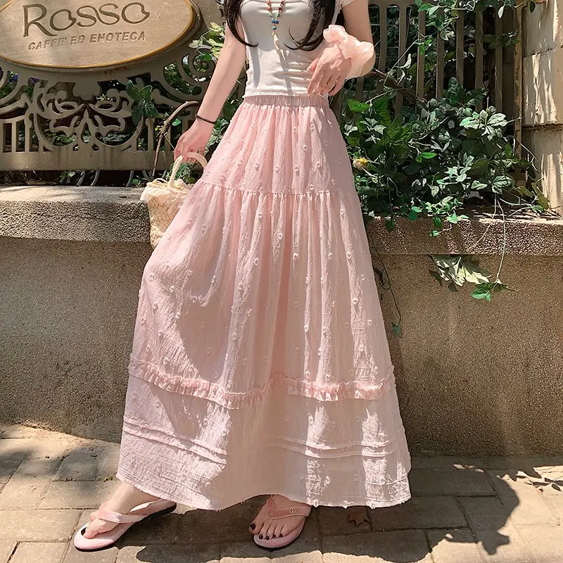

Midi Long Skirts Women Ruffle Pleated Skirt 2025 Spring Summer Maxi Goth Lolita High Waisted Embroidery Floral Skirt rok
