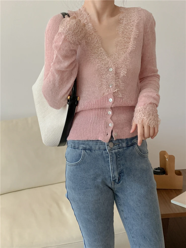 High-fashion Kawaii Botton Up Lace Patchwork Knitted Cardigan Women Autumn Winter Ladies Elegant Vintage Sweater Cheap Wholesale