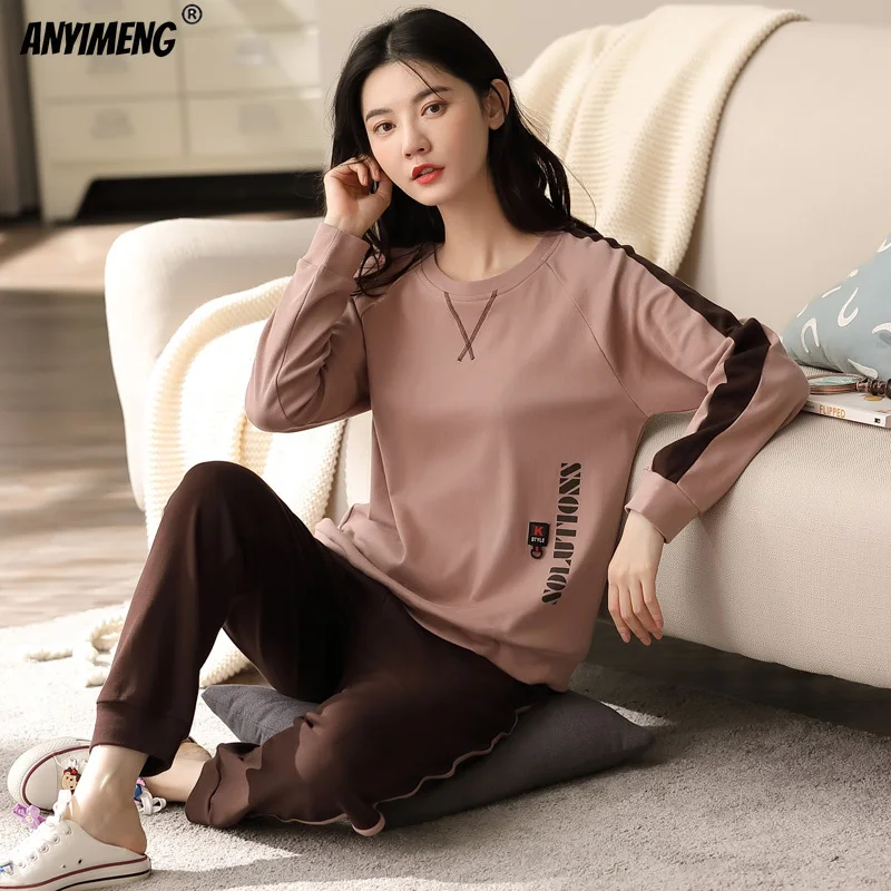 100% Pure Cotton Sleepwear Pajamas for Women 2023 New Fashion Homewear Round Neck Sporty Style Pijamas Good Quality Lingerie Pjs