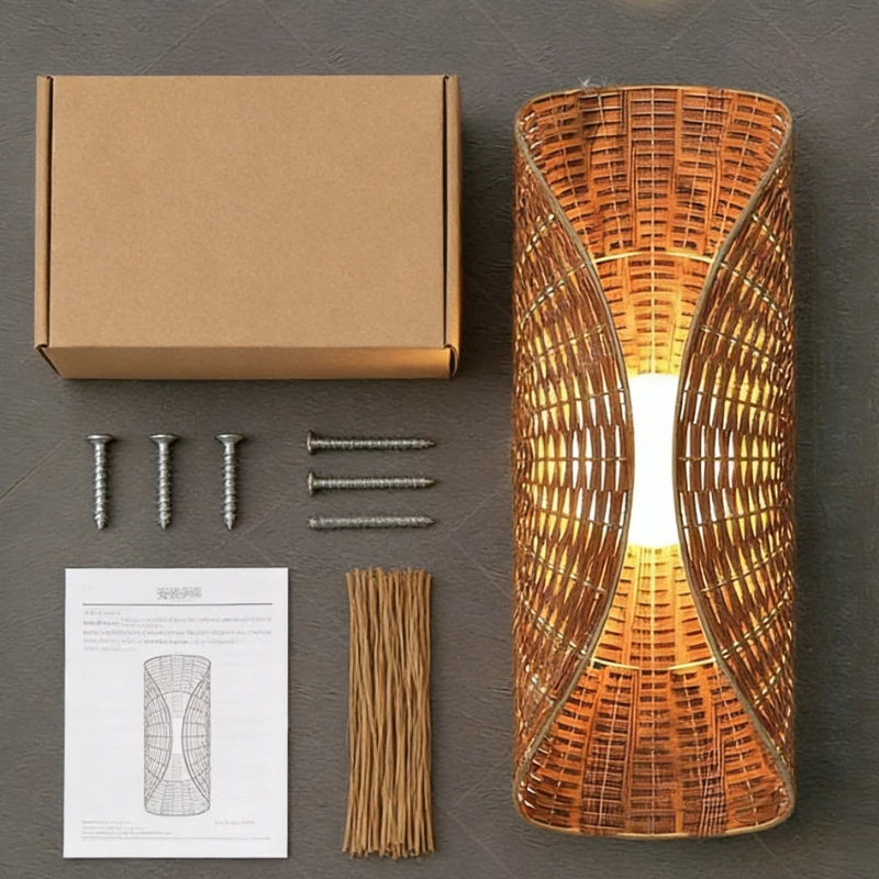 Natural Rattan Wall Lamp Handcrafted Bamboo Bohemian Japandi Mounted Sconce Living Bedroom Hallway Cafe Home Decor Light Fixture