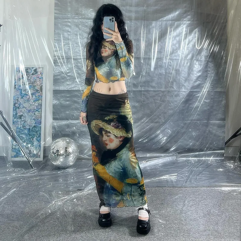 Korean Fashion Vintage Digital Printed Long Sleeve Top Maxi Skirt Women's Suit Waistless Sexy Streetwear 2 Piece Set Outfits