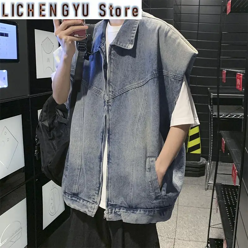 

High Street Men's Oversized Vest Top Shoulder Padded Sleeveless Denim Jacket Autumn Loose Fashion Cowboy Waistcoat Vintage Vests