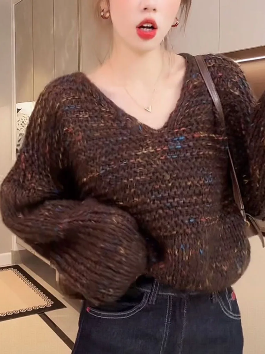Korean Sle V-Ne Knitwear Soft Loose Women's Sweater Autumn Winter New Arrival Versatile Comfortable Warm  Color