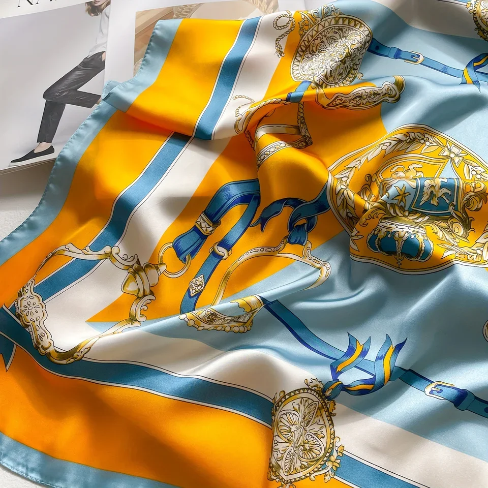 Bufanda cuadrada de satén elegante para mujer con estampado de altar naranja-azul bufanda de seda transpirable accesorio de moda a prueba de viento