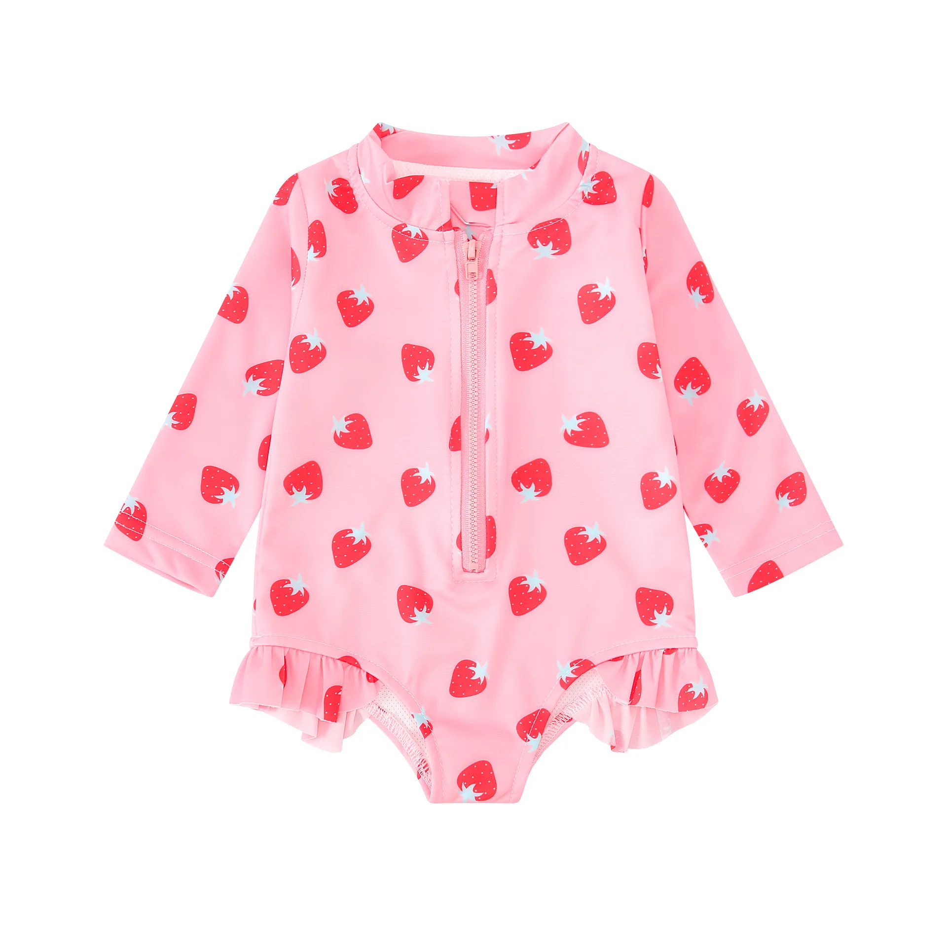 Girls One-piece Swimsuit Kids Cartoon Strawberry Print Sun-protective Long Sleeve Quick-Dry Triangle Swimwear Baby Bathing Suit