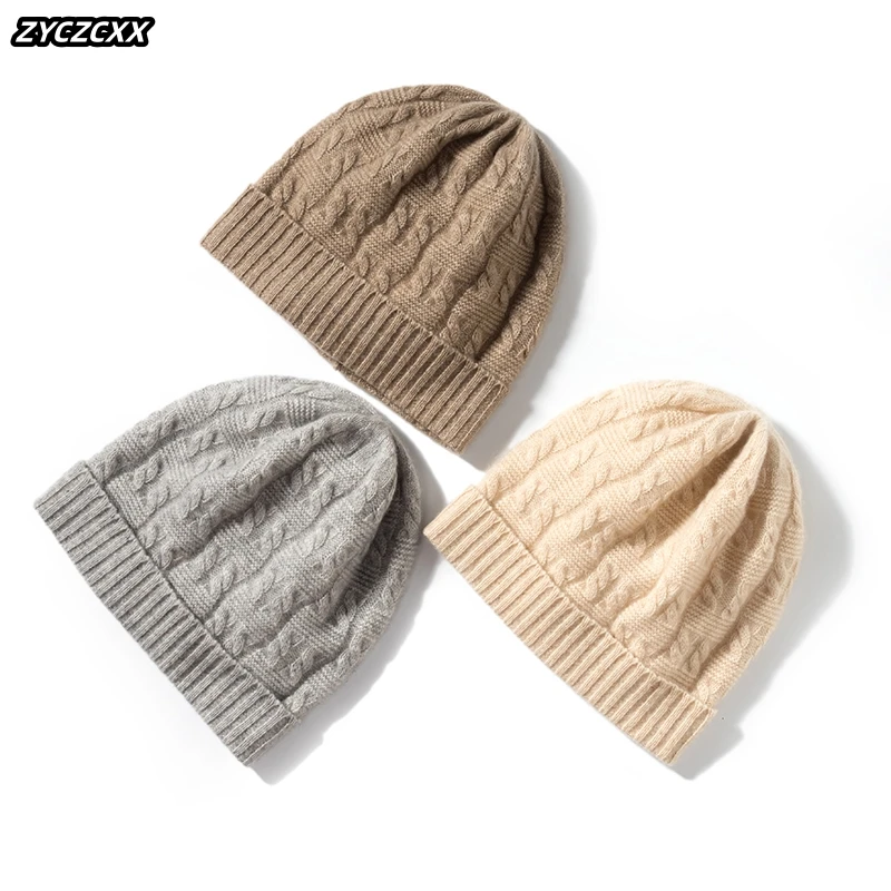 

Women's thickened 100% pure goat cashmere hat Women's winter new high quality outdoor ski warm hat solid infinity jacquard hat