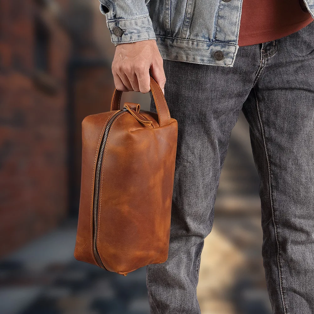 Top-grain cowhide, crazy horse leather toiletry bag, retro genuine leather, large-capacity travel makeup bag for men and women