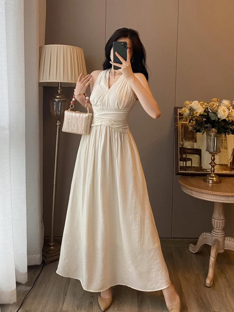 French Elegant Retro Sleeveless Off-shoulder Halter Evening Dress Sexy V-Neck High Waist A-line Temperament Long Dress For Women