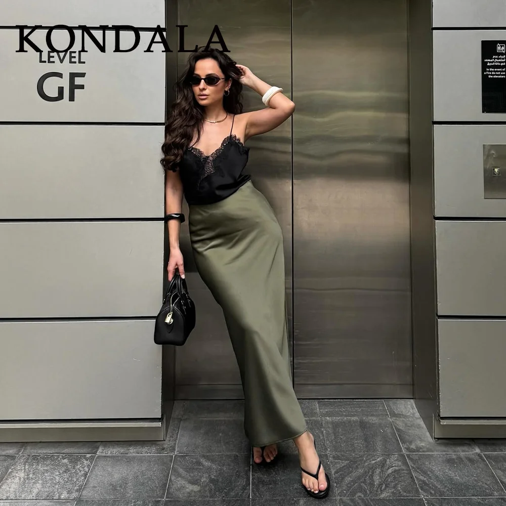 KONDALA 2026 Spring Summer Brown Satin Women Skirts Chic Elegant Prom Ladies Skirts Valentine‘s Day Beach Party Girls Skirts