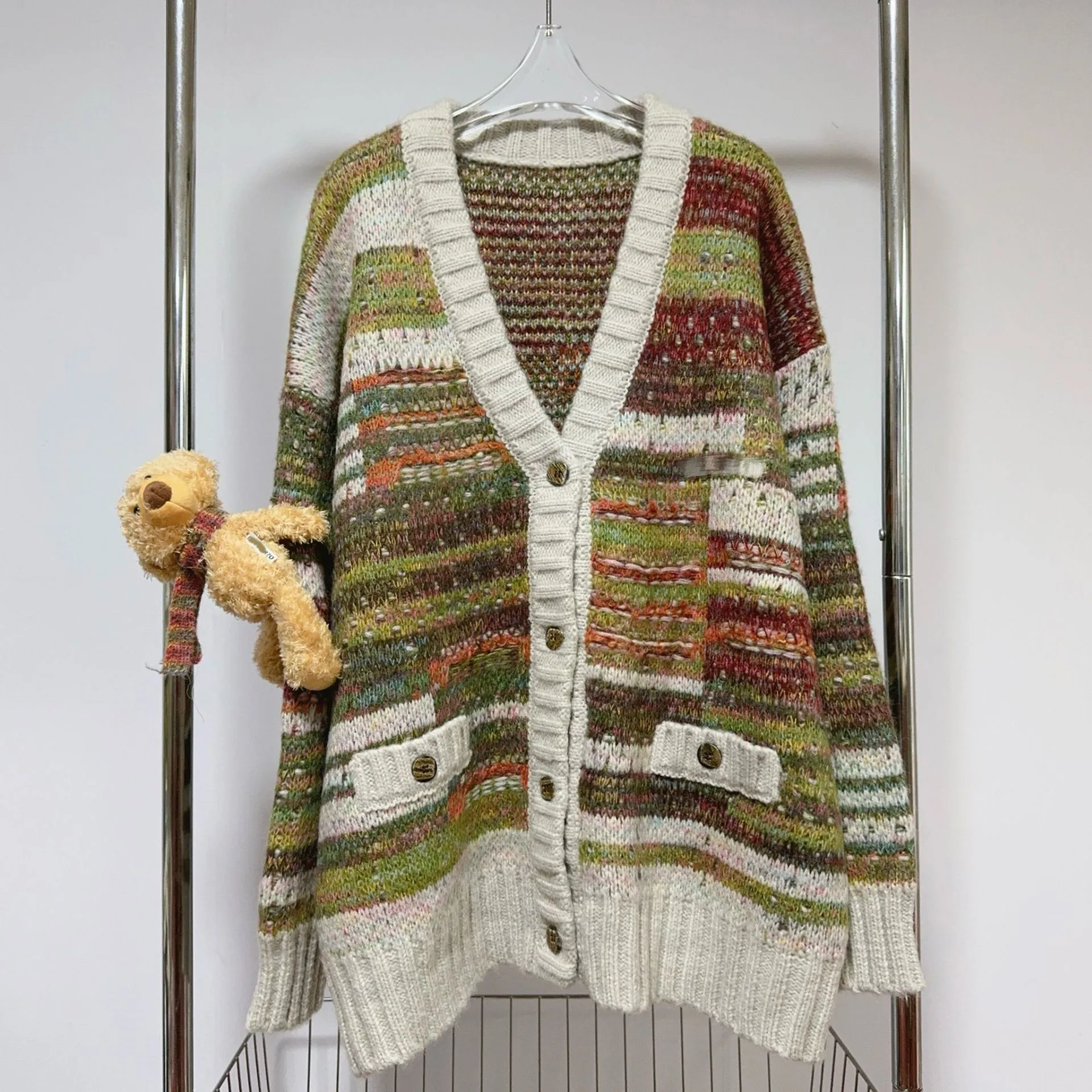 

High-End European Doll Design Detachable Lazy Autumn Winter Outerwear Casual Color Blo Mixed Yarn Sweater Cardigan