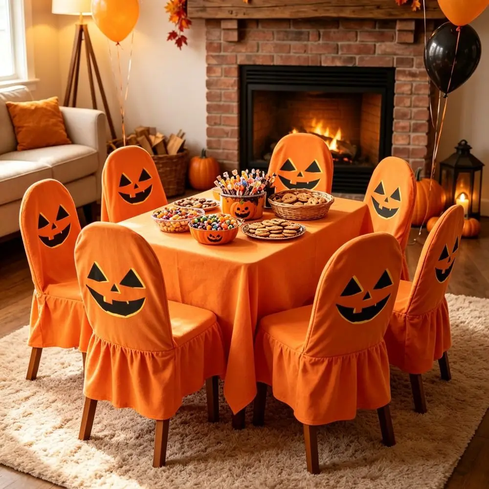 Pumpkin Halloween Chair Cover Soft Skull Pattern Halloween Dinner Chair Seat Cover Stretch Pink Festival Table Decor Kitchen