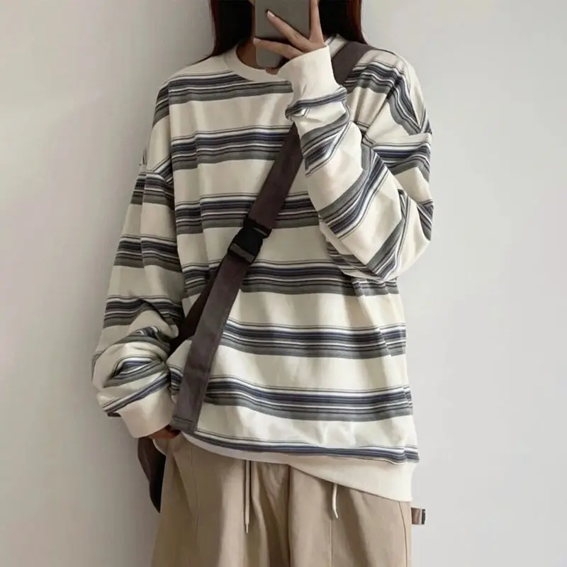 

Осенние толстовки в полоску, толстовка большого размера, женские корейские модные одинаковые топы с длинными рукавами для пар, уличная одежда, пуловеры в стиле Харадзюку