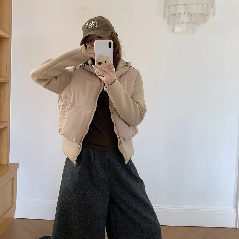 Winter New Short Hooded Spliced Women's Cotton Jacket Lightweight Warm Fashion Korean Style Small Size Cotton Coat Casual Style