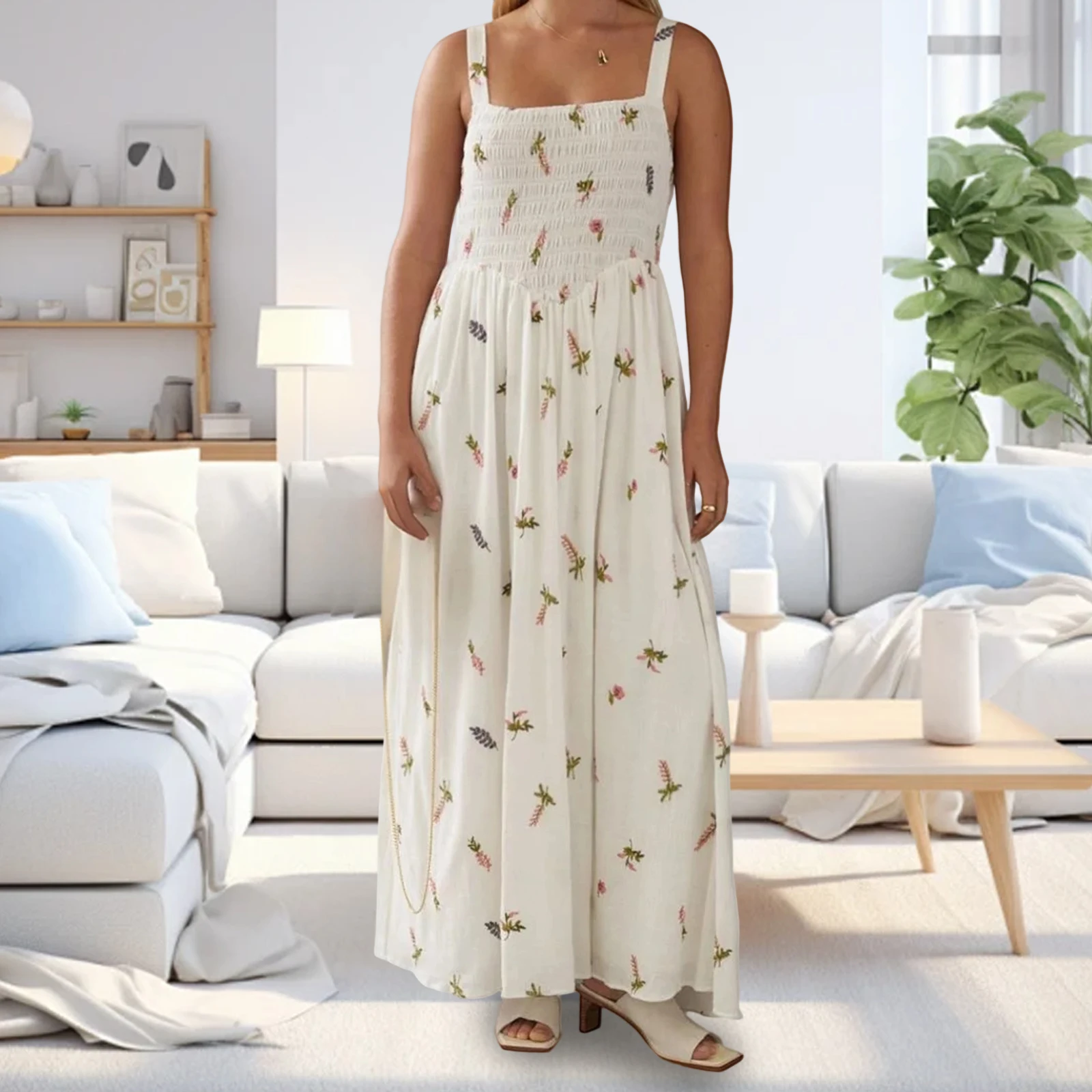 Abito lungo floreale da donna di nuova moda con scollo quadrato smockato senza maniche abito a trapezio per l'estate quotidiana all'aperto SML