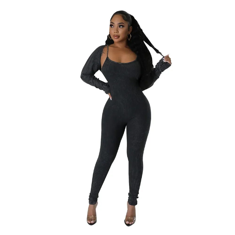 Solid Ribbed 2 Piece Set Women Sexy Spaghetti Straps Backless Skinny Jumpsuits Long Sleeve Open Stitch Coats Top Casual Suits