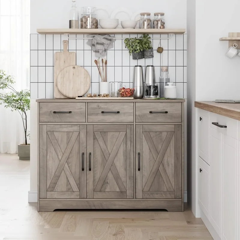 Modern Farmhouse Buffet Sideboard Cabinet, Barn Doors Storage Cabinet with Drawers and Shelves, Wood Coffee Bar