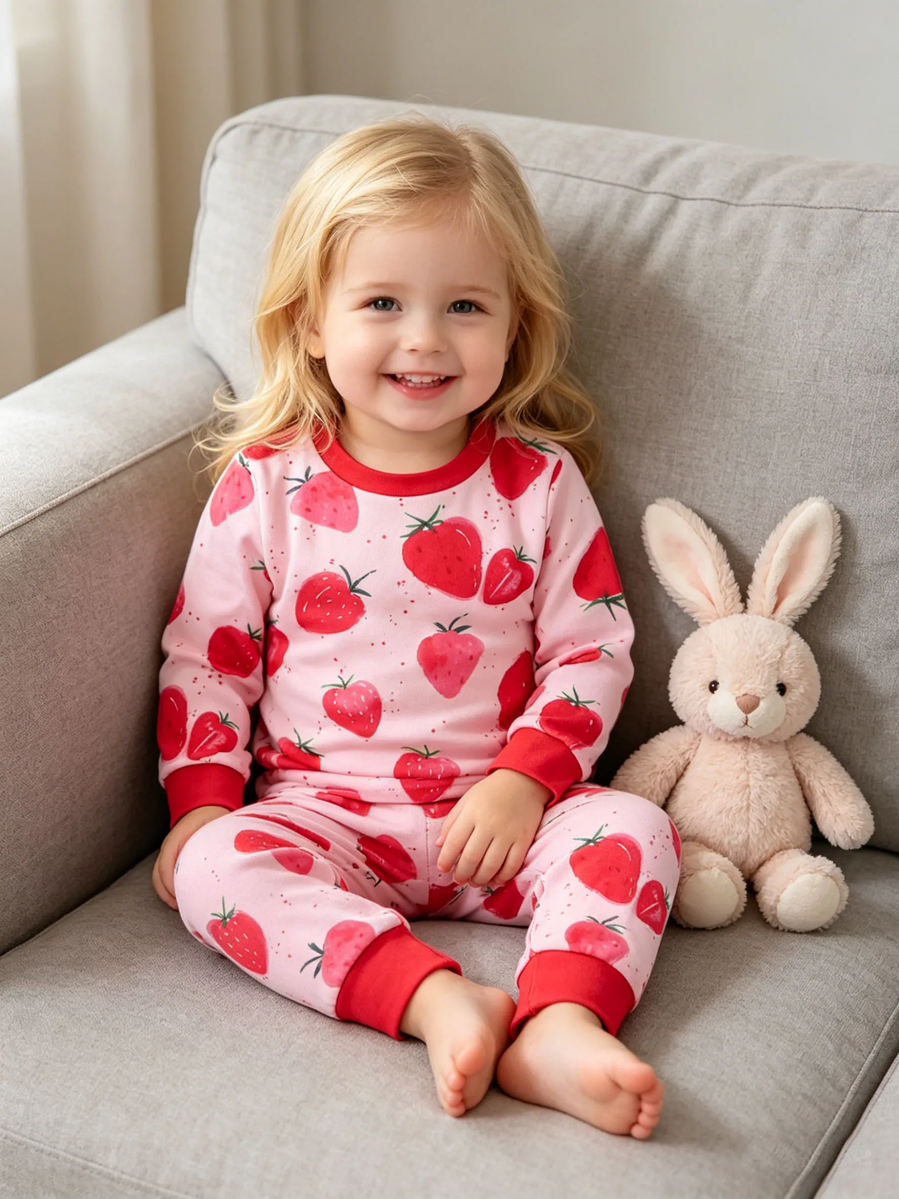 Girls' fashionable home clothes for spring and autumn, girls' outdoor leisure strawberry pattern top, long sleeved pants