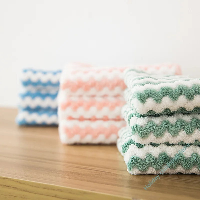 

Striped coral fleece towel dishcloth kitchen cleaning towel lazy dishcloth degreasing cleaning cloth