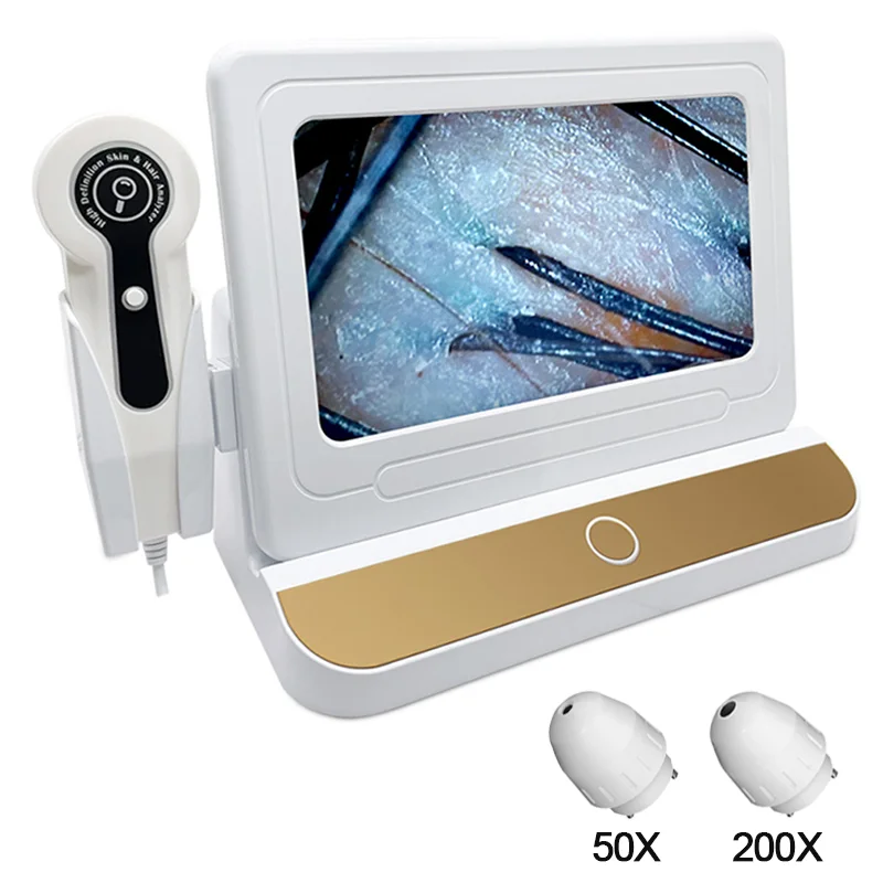 Lupa Digital para análisis de piel, 50/200X, 10 pulgadas, LCD, Detector de cuero cabelludo, analizador de piel de pelo, microscopio para pruebas de folículos capilares