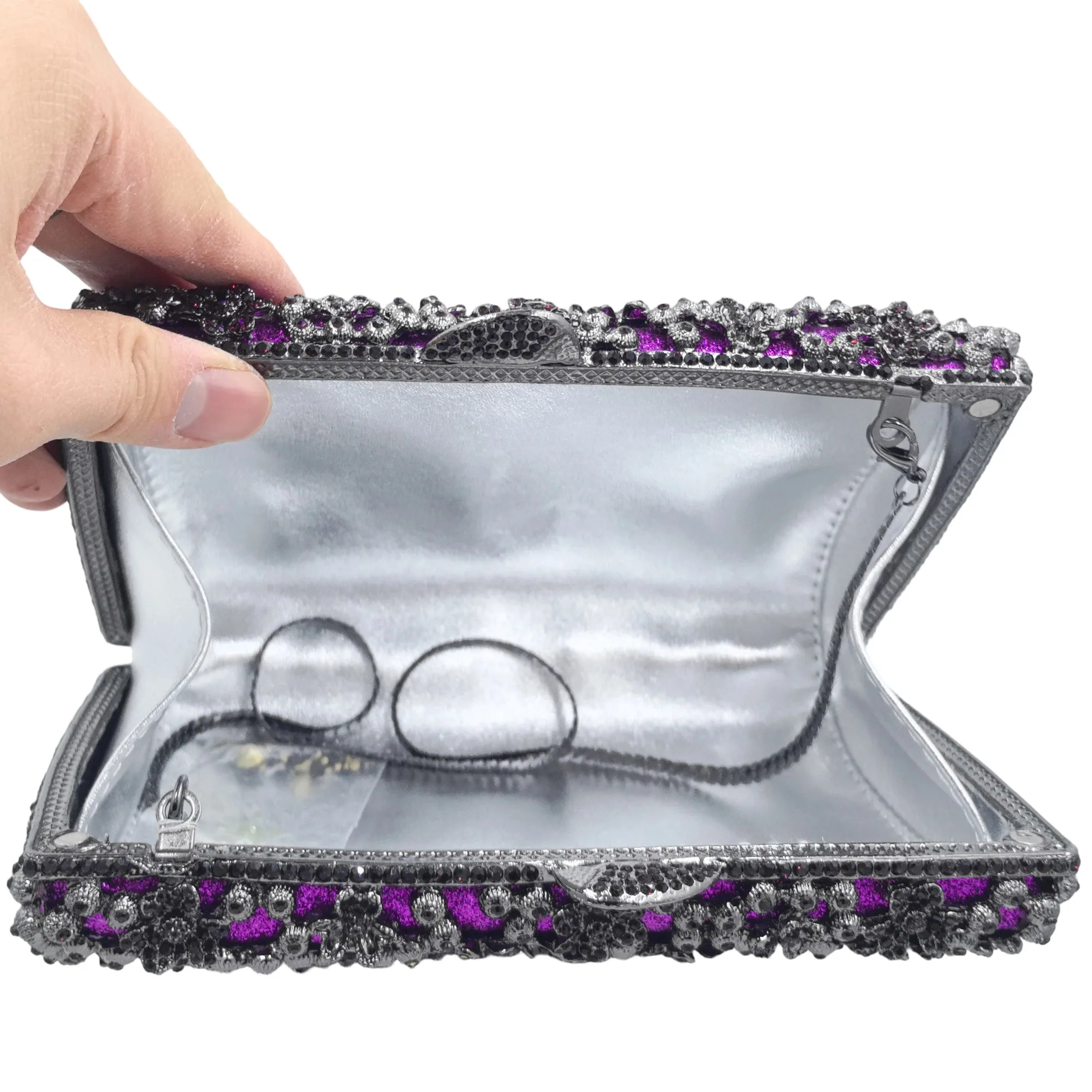 Boutique de FGG Fuchsia Strass-Clutch-Taschen für Damen, formelle Kristall-Clutch-Tasche für Hochzeiten, Abendhandtaschen aus Metall – Detail 3