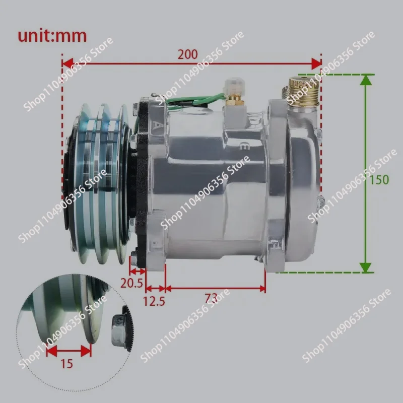 SD507 5H11 AC Compressor, 12V 2-Groove V-Belt Pulley, Cooling Compressor for Tractor Excavator Heavy Truck Retrofit