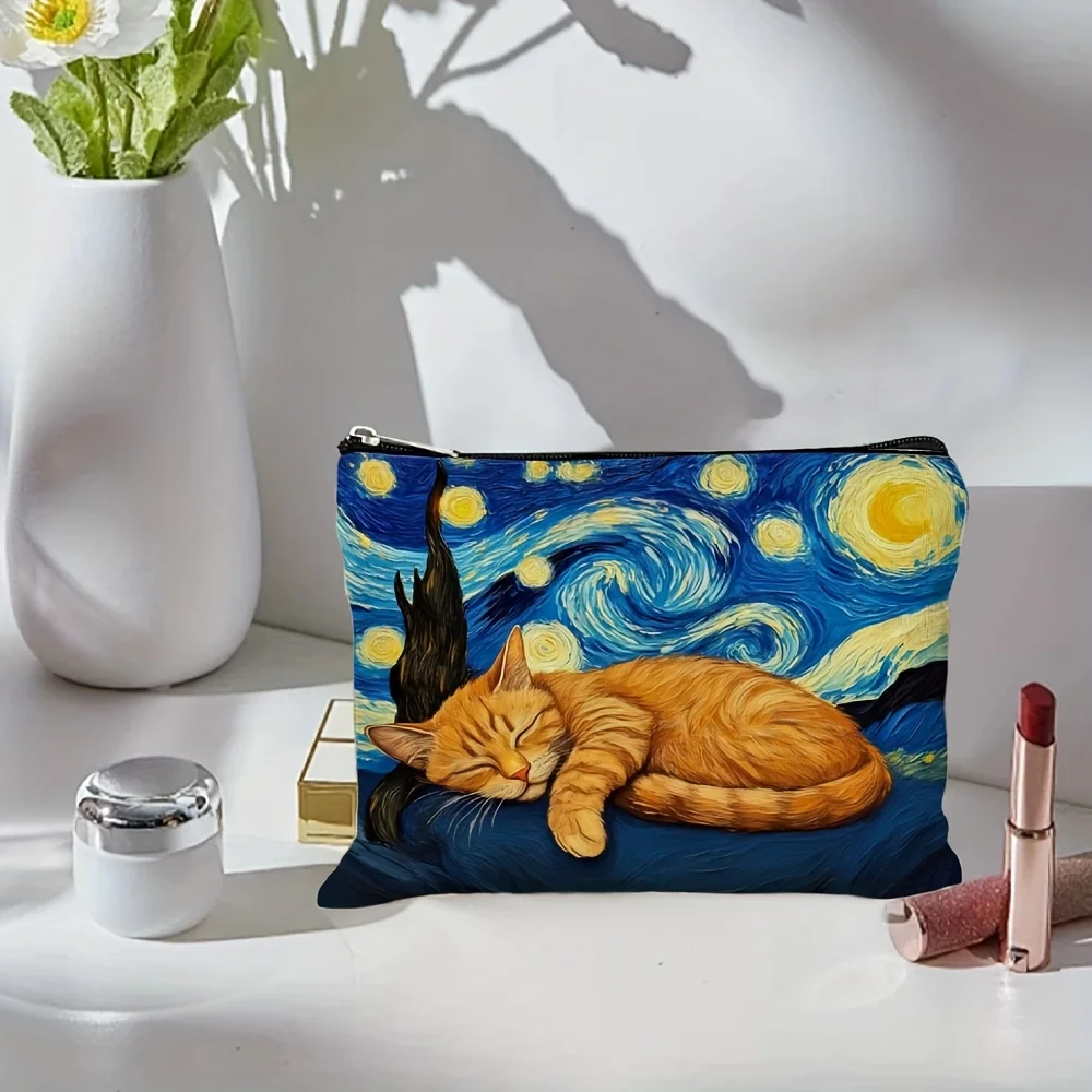 حقيبة مكياج مطبوعة على شكل قطة مرصعة بالنجوم - حقيبة نسائية لطيفة متعددة الوظائف بسحاب، حقيبة تخزين المجوهرات