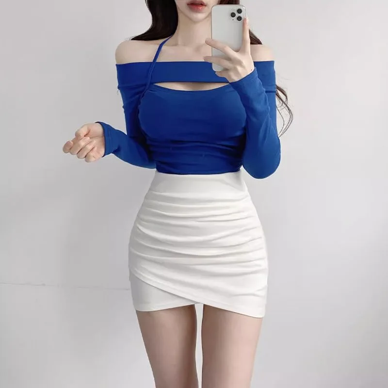 2 Piece Suits Mini Skirt and Blue Cami Crop Top Women Y2K Harajuku Long Sleeve Casual Basic Tight Tees Female Korean Camisetas