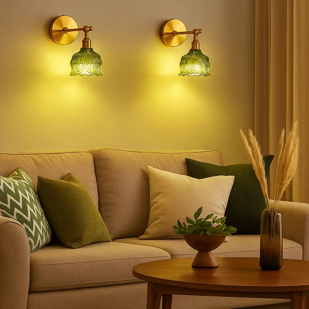 

Up Down Rotate Clear Flower Glass LED Wall Lamp Amber Glass Dimmable Copper Wall Light Fixtures Reading Nook Energy Saving