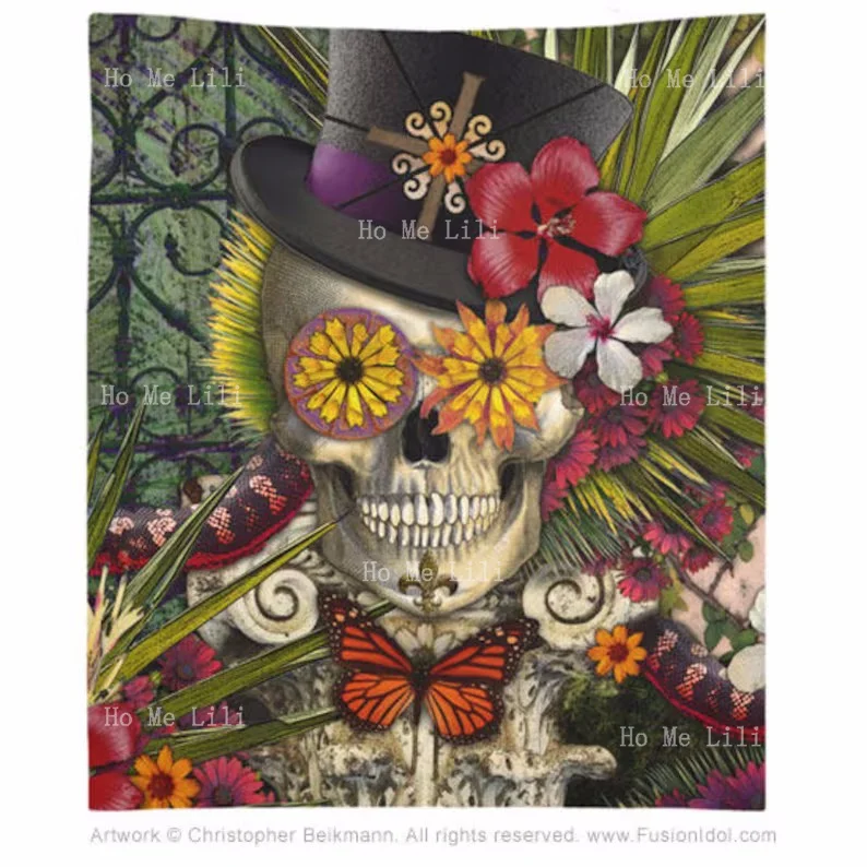 

New Orleans Sugar Skull Tapestry Bloom Baron Voodoo Day Dead Artwork Light Polyester Fabric