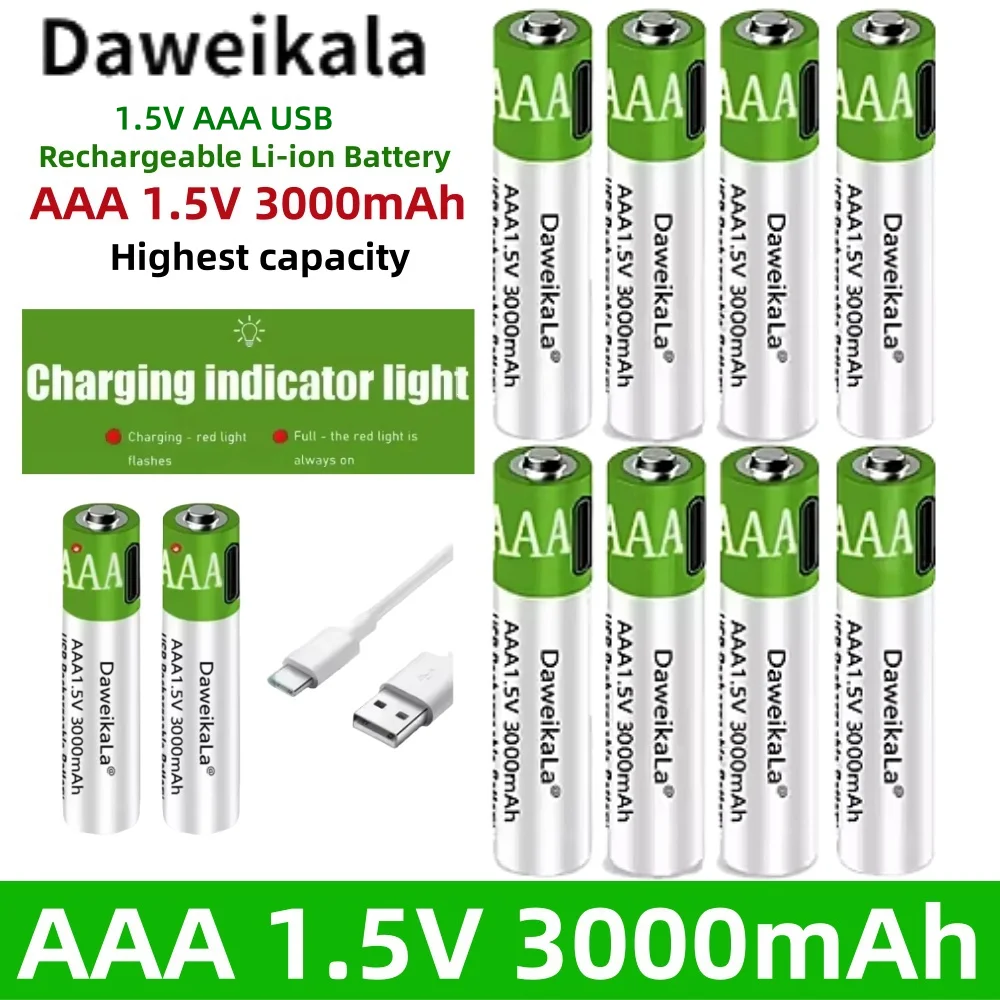 USB AAA 1.5 فولت USB بطاريات قابلة للشحن بطارية ليثيوم 3000 مللي أمبير للتحكم عن بعد ماوس بطارية لعبة كهربائية + كابل نوع C