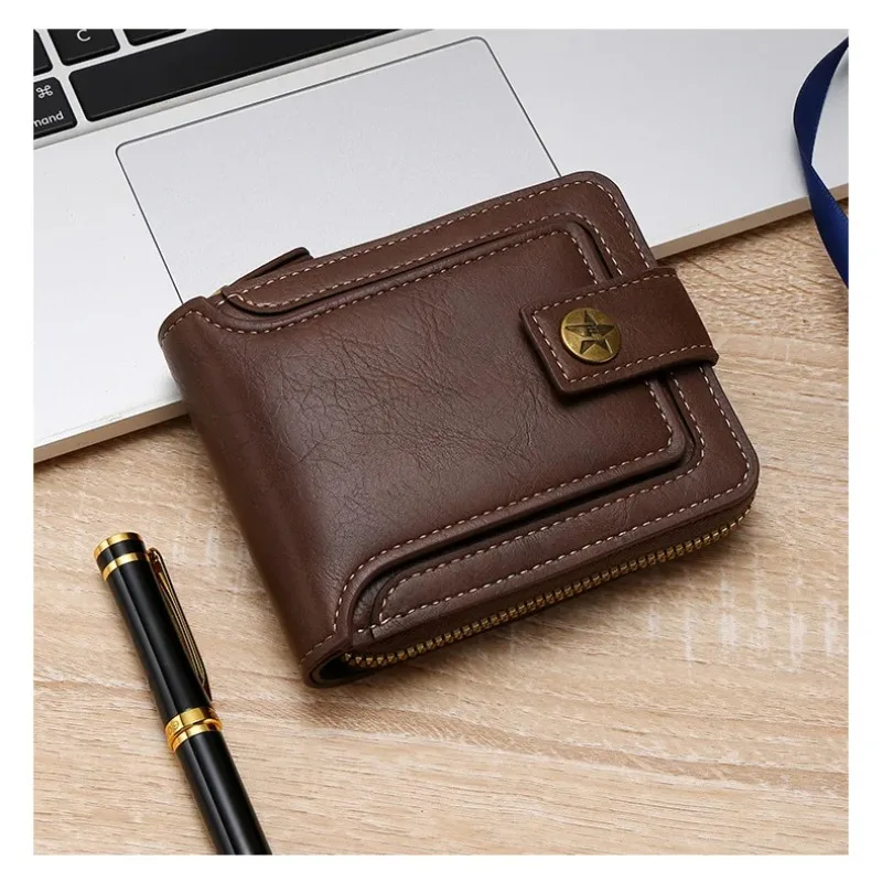 Fashion Short Style Coin Pocket Tri-fold Card Case Purse  Vintage Men High Quality PU Leather Small Wallet Credit Card Holder