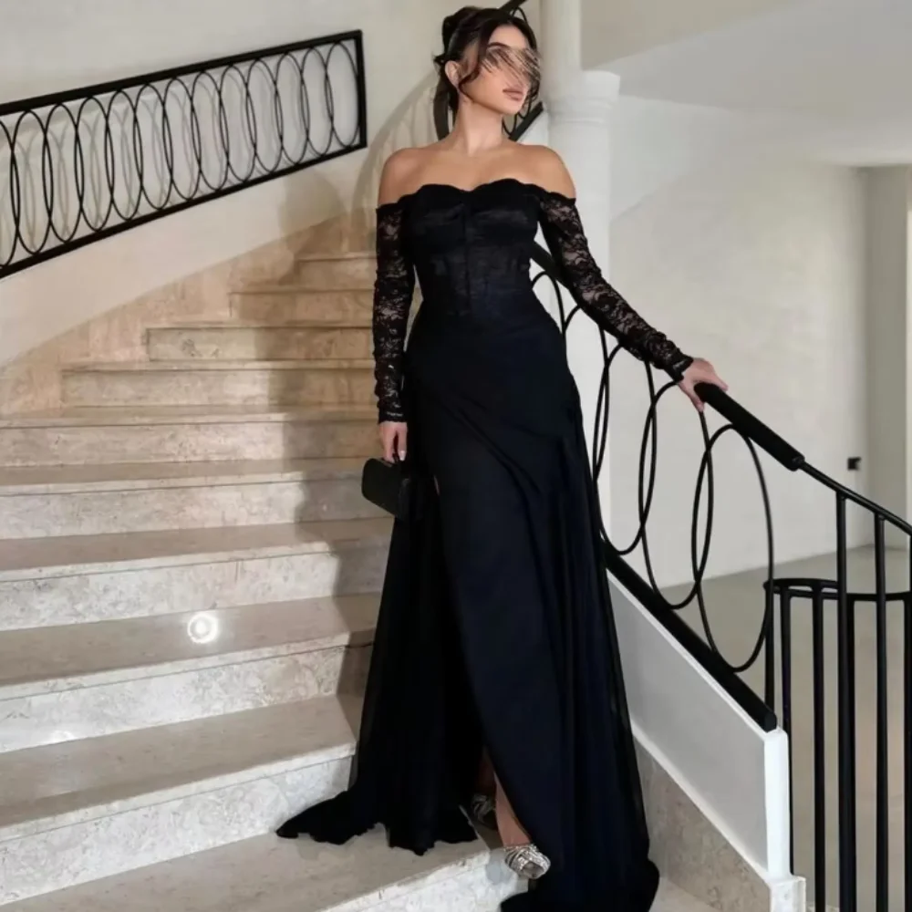 

Black Lace Customized Strapless Elegant Off Shoulder Prom Dresses A Line Sexy Split Party Gowns Evening فساتين سهرة