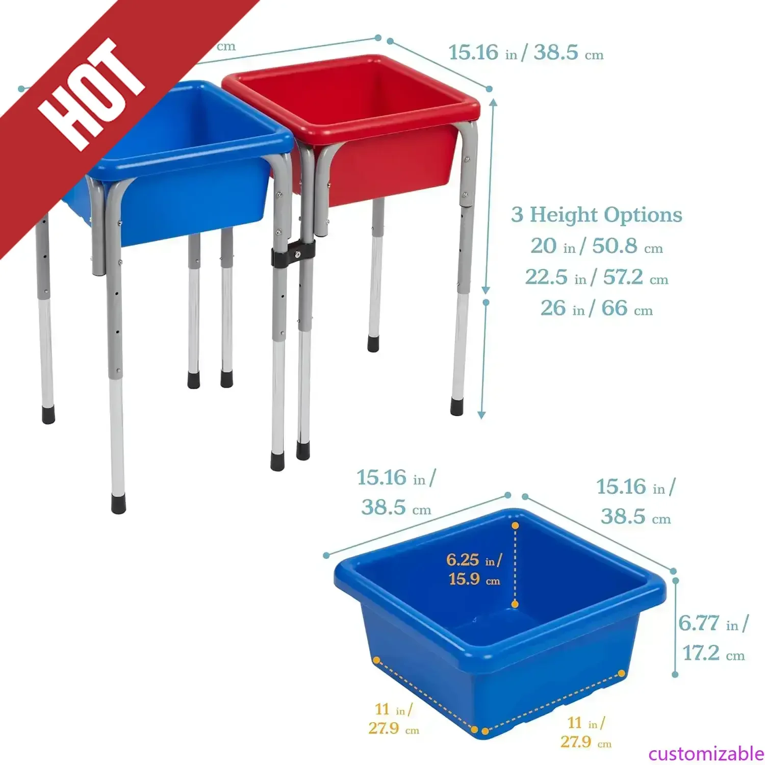 طاولة لعب قابلة للتعديل من ECR4Kids ذات محطين للرمل والماء، صناديق حسية، أزرق/أحمر #1