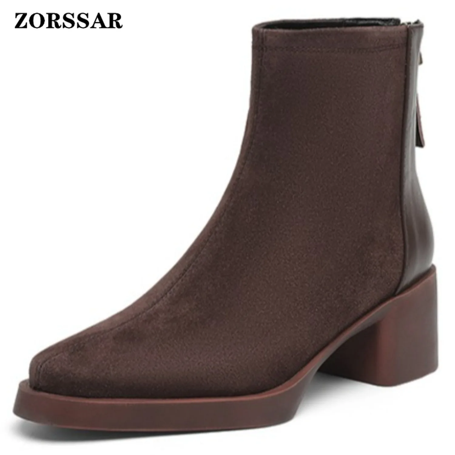 Zorssar Trend Plus Size 34-43 Cow Suede Square Toe Med Heels Retro Modern Boots Warm Winter Shoes Dating Concise Ankle Boots