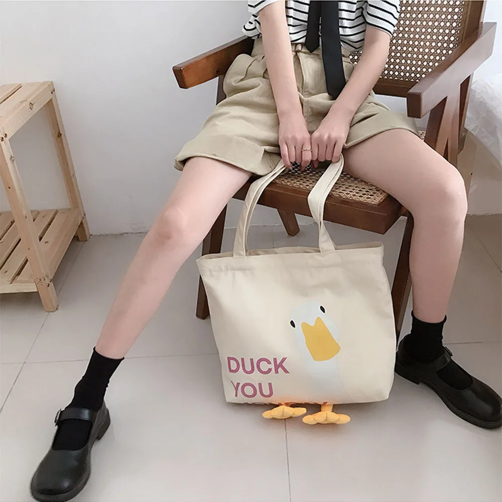 Canvas Cartoon Handbags New Duck Print Soft Large-Capacity Shopping Bag Eco Duck Embroidery Crossbody bag