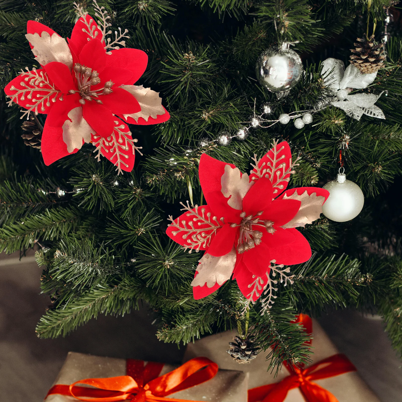 

6 pcs Poinsettia Artificial Christmas Flowers Red Glitter Holiday Decor Wreath Tree Ornaments Festive Home Decoration Clips