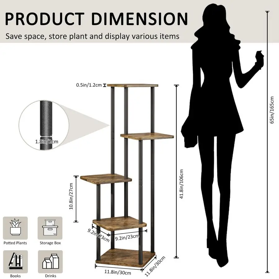 

5-ярусная деревянная высокая подставка для растений с металлическим каркасом для дома, угловая полка для нескольких цветочных горшков, стеллаж для демонстрации и хранения растений