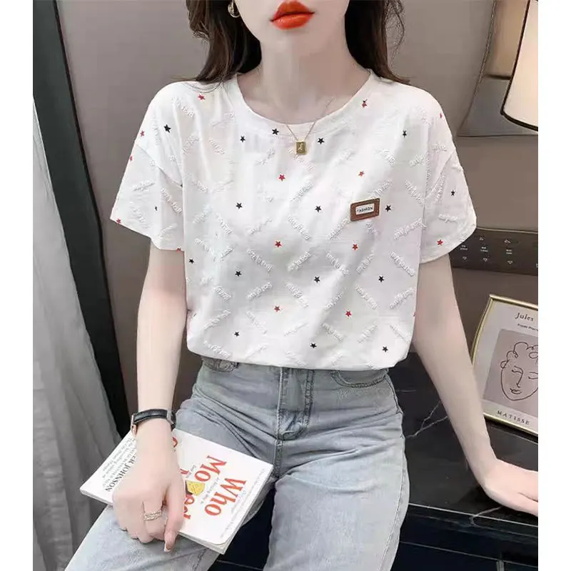 women\'s Summer Fashion Simplicity printing O-neck short sleeve T-Shirt women clothes Casual All-match temperament Loose Tops