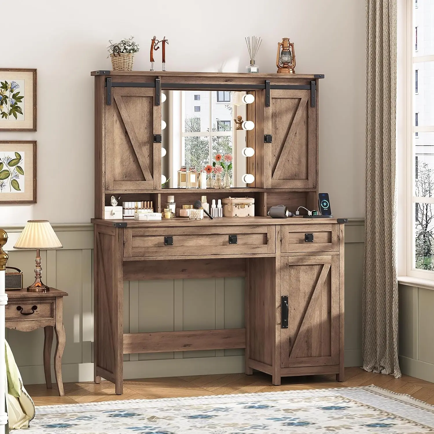 Farmhouse Bedroom Vanity Desk in Rustic Oak, with Sliding Door, Charging Station and Ample Storage view 6