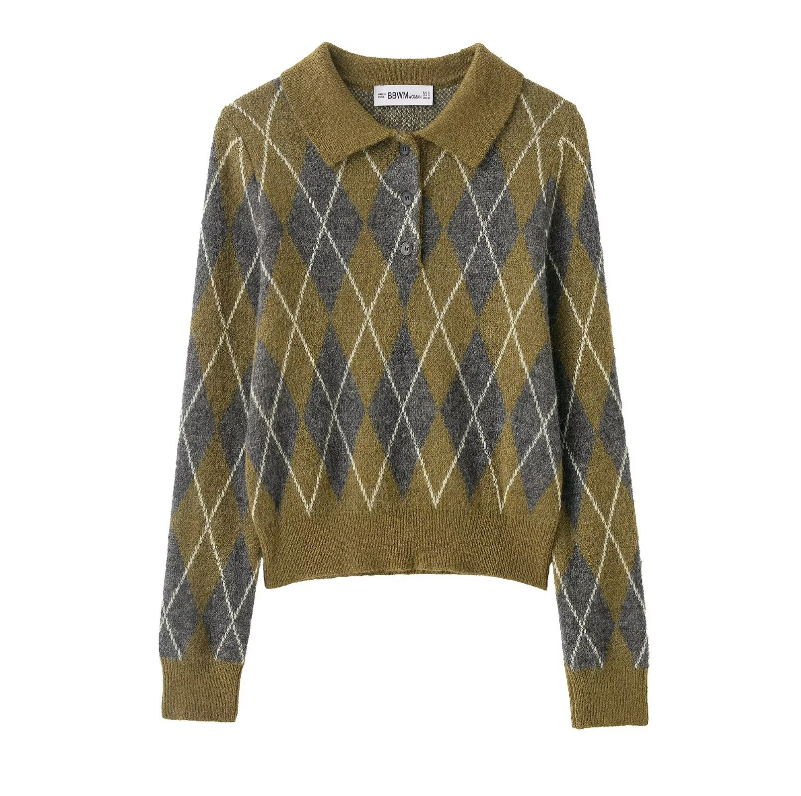 Nuovo abbigliamento invernale da donna in stile europeo e americano, temperamento casual, semplice polo in maglia di diamanti a maniche lunghe