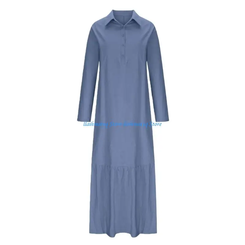 

573B Women's Loose Fit Button Front Long Dress Cotton Linen for Comfort and Styles