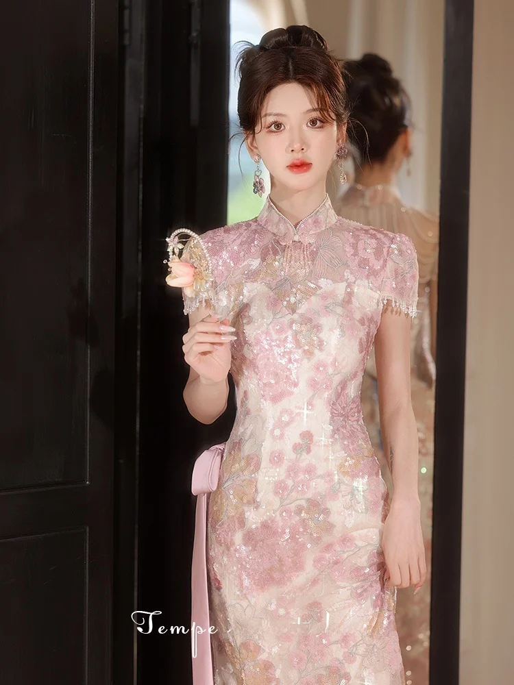 

Pink Regarded Qipao Wedding Dr by Tingxu 2025 New Sle Engagement Ceremony Dr Women's High End Luxury Bride Drinking D...