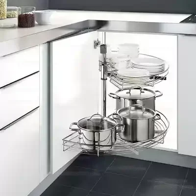 The Curved Pull-out Basket in The Corner of The Cabinet Can Rotate 180 Degrees, Forming A Double-layer Storage Rack.